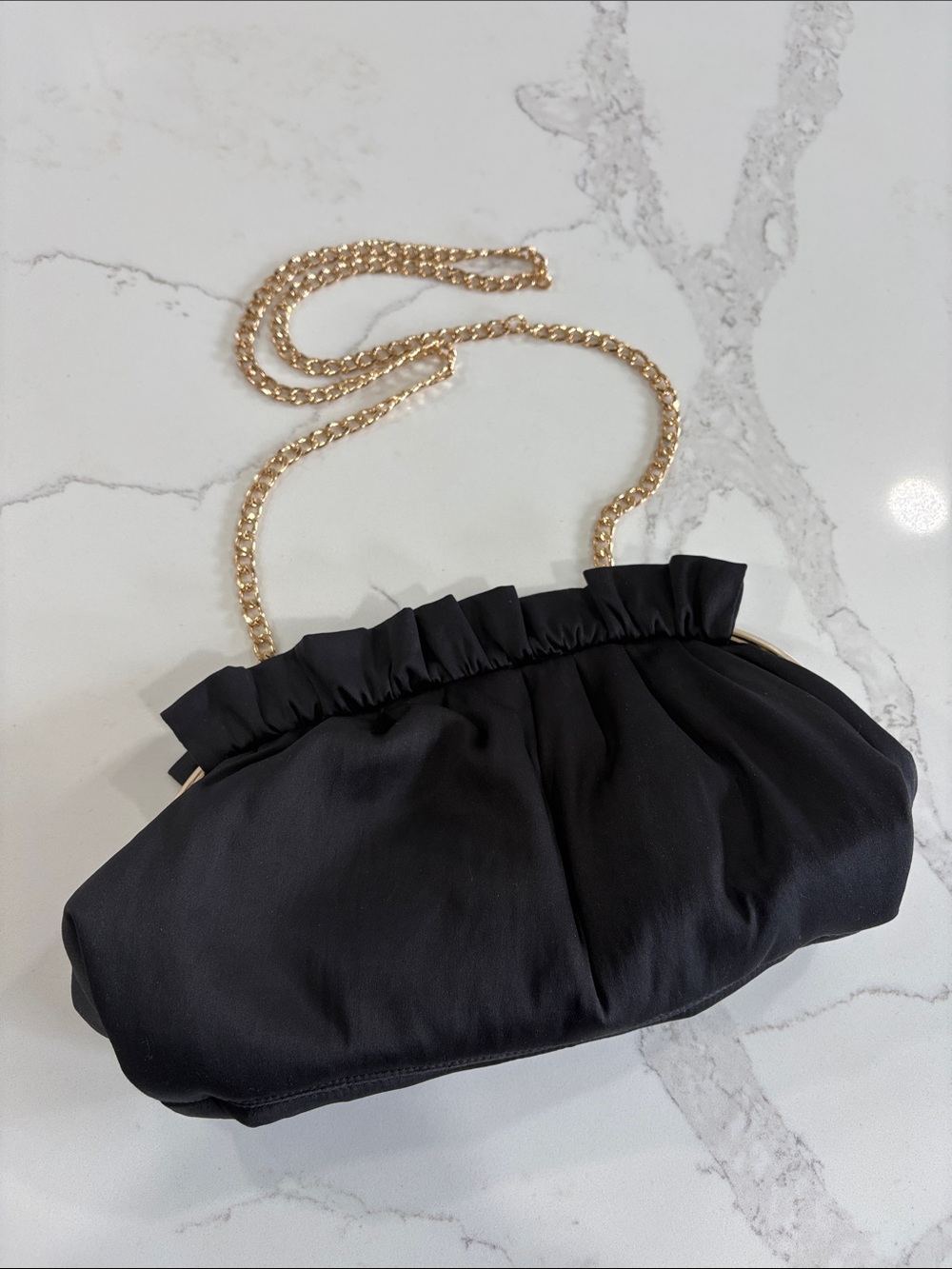 Ann Taylor Black Satin Ruffle Gold Chain-Handle Clutch Bag